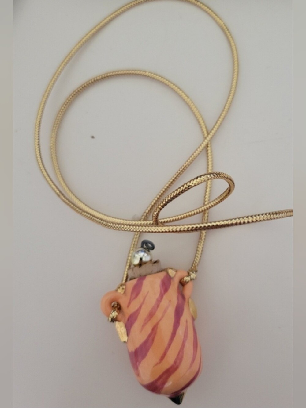 Vintage Perfume Pendant Dabber Necklace with Pink and Peach Striped Porcelain